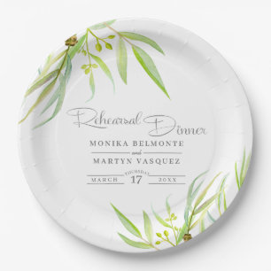 Eucalyptus leaves watercolor art rehearsal dinner paper plate