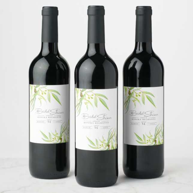 Eucalyptus leaves watercolor green bridal shower wine label (Bottles)