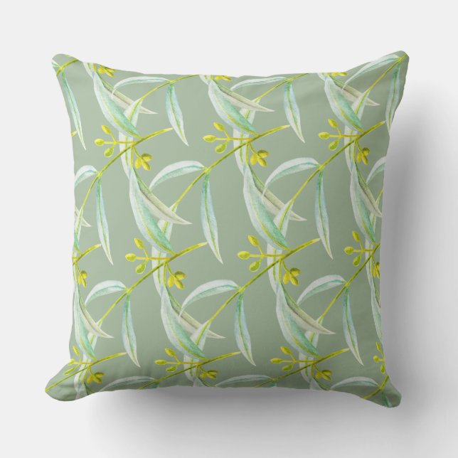 Eucalyptus leaves watercolor painting art outdoor pillow (Front)