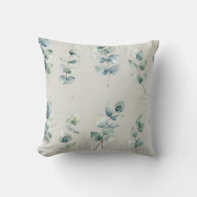 Eucalyptus Leaves Watercolor Pattern Throw Pillow (Front)