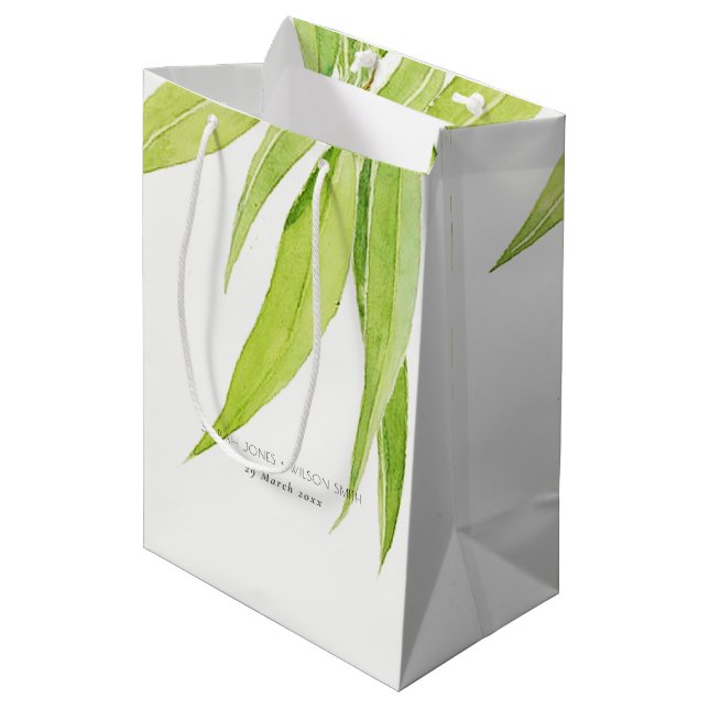 EUCALYPTUS LEAVES WATERCOLOUR FOLIAGE  WEDDING MEDIUM GIFT BAG (Front Angled)