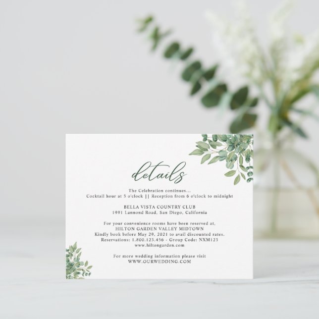 Eucalyptus Leaves Wedding Enclosure Card (Standing Front)