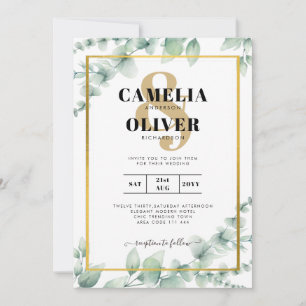 Eucalyptus Leaves WEDDING Greenery GOLD QR CODE  Invitation