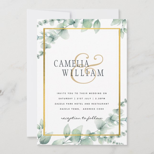 Eucalyptus Leaves WEDDING Greenery GOLD QR CODE  Invitation (Front)
