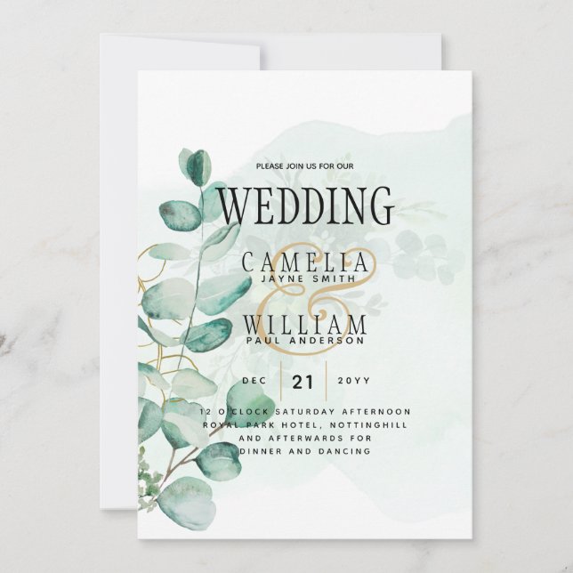 Eucalyptus Leaves Wedding Greenery QR CODE Modern Invitation (Front)