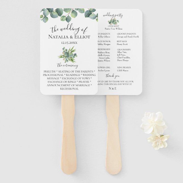 Eucalyptus Leaves Wedding Program Hand Fan (Front and Back)