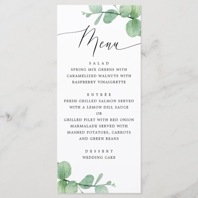 Eucalyptus Leaves Wedding | Watercolor Botanical Menu (Front)