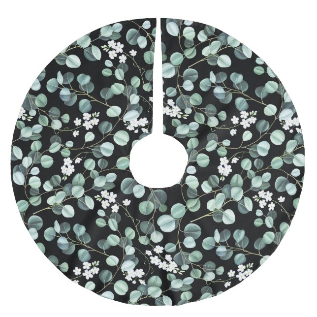 Eucalyptus Leaves: White Flowers Pattern Brushed Polyester Tree Skirt (Front)