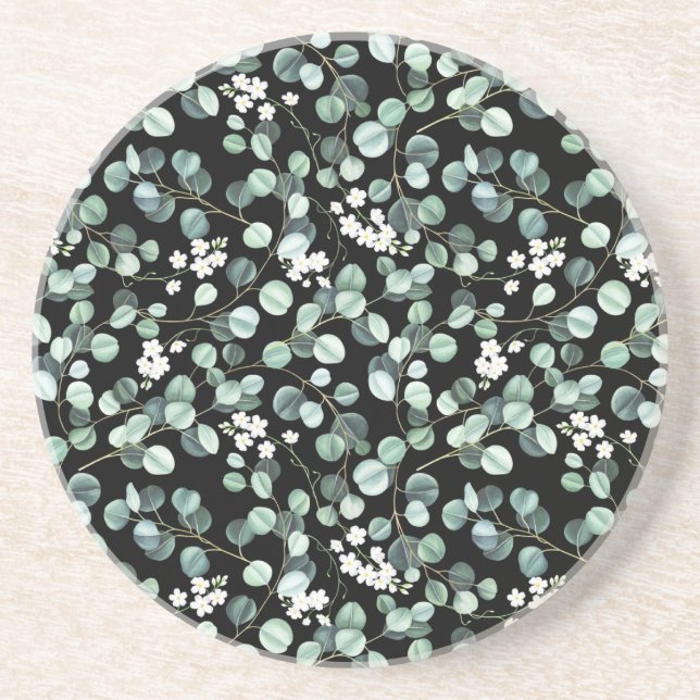Eucalyptus Leaves: White Flowers Pattern Coaster (Front)