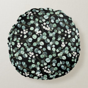 Eucalyptus Leaves: White Flowers Pattern Round Pillow