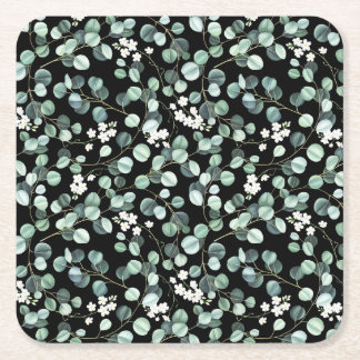 Eucalyptus Leaves: White Flowers Pattern Square Paper Coaster