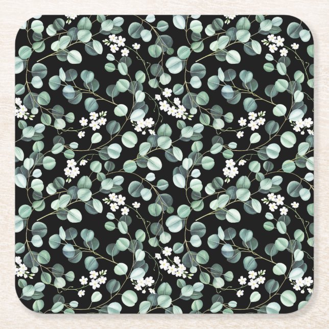 Eucalyptus Leaves: White Flowers Pattern Square Paper Coaster (Front)