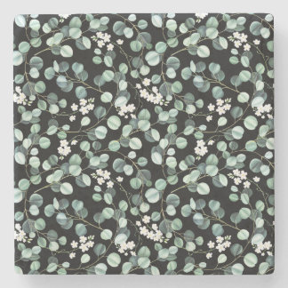 Eucalyptus Leaves: White Flowers Pattern Stone Coaster