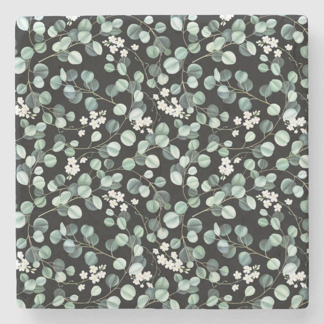 Eucalyptus Leaves: White Flowers Pattern Stone Coaster (Front)