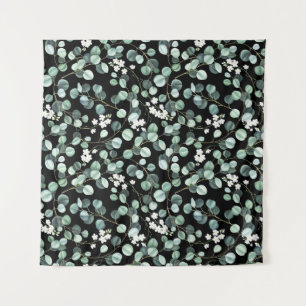Eucalyptus Leaves: White Flowers Pattern Tapestry