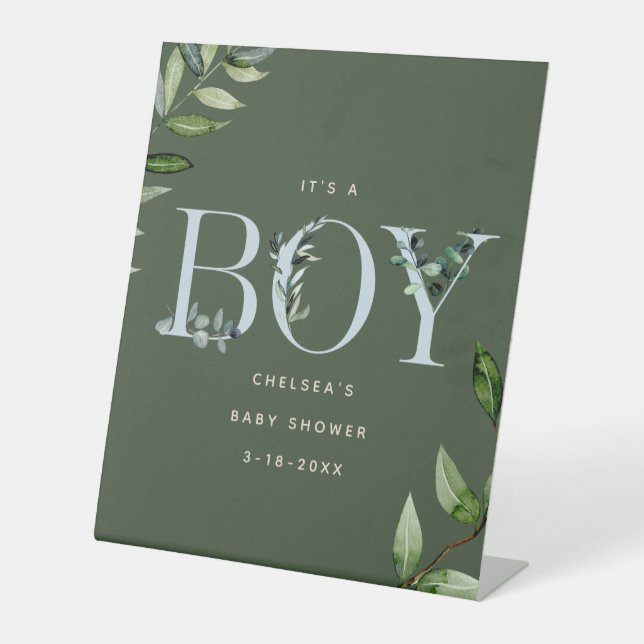 Eucalyptus Lettering Blue Boy Baby Shower Welcome Pedestal Sign (Front)