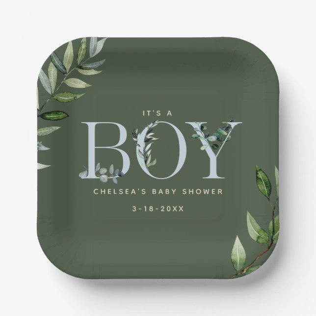 Eucalyptus Lettering Green Blue Boy Baby Shower Paper Plate (Front)