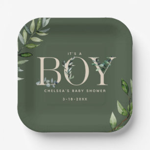 Eucalyptus Lettering Green Boy Baby Shower Paper Plate