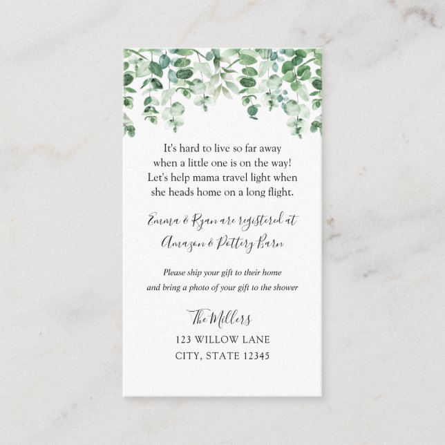 Eucalyptus Long distance baby shower insert (Front)