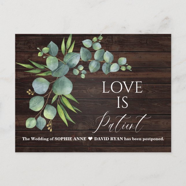 Eucalyptus Love Is Patient Script Wedding Update Postcard (Front)