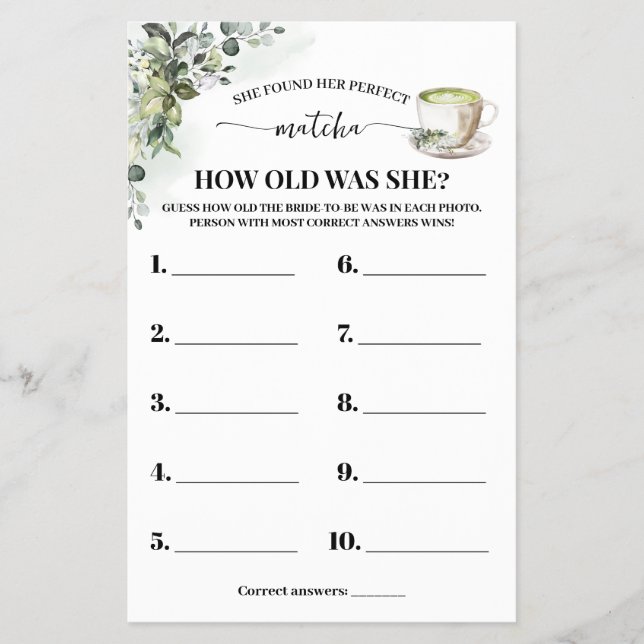 Eucalyptus Matcha How old was She Shower Game Card (Front)