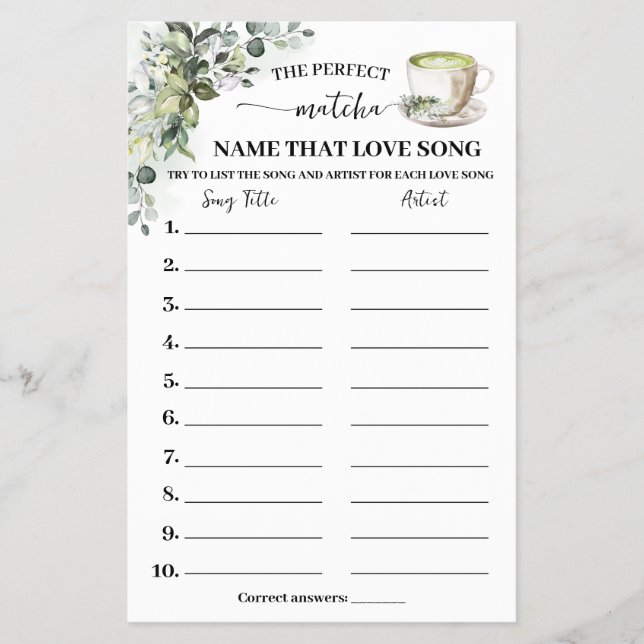 Eucalyptus Matcha Name Love Song Shower Game Card (Front)