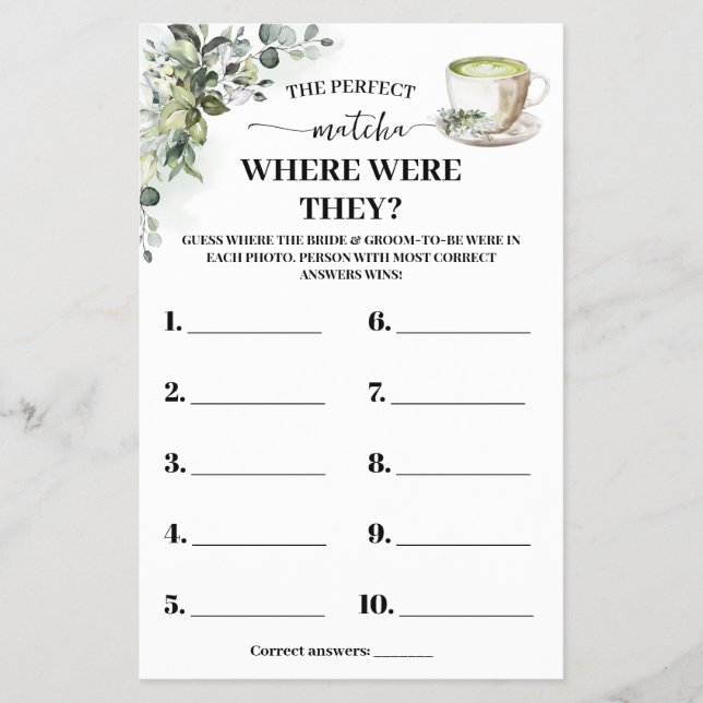 Eucalyptus Matcha Where Were They Shower Game Card (Front)