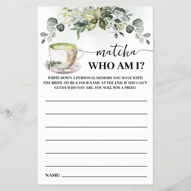 Eucalyptus Matcha Who am I Bridal Shower Game Card (Front)