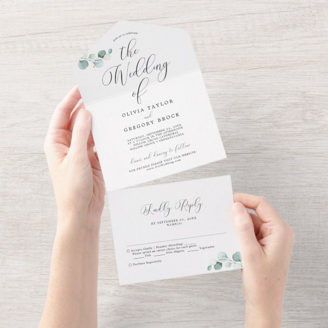 Eucalyptus Minimalist Calligraphy Wedding All In One Invitation (Tearaway)