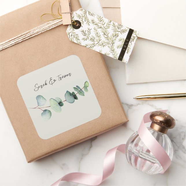Eucalyptus Minimalist Wedding Cocktail Napkin Square Sticker (Gifting)