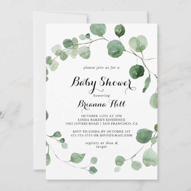 Eucalyptus Modern Calligraphy Baby Shower  Invitation (Front)