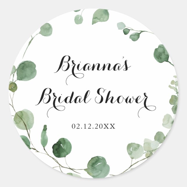 Eucalyptus Modern Calligraphy Bridal Shower Favour Classic Round Sticker (Front)