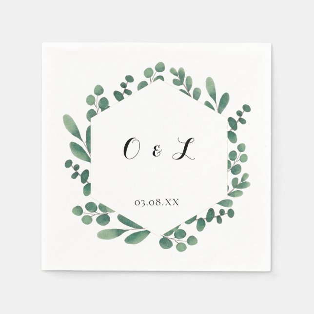 Eucalyptus Modern Calligraphy Monogram Wedding Napkin (Front)