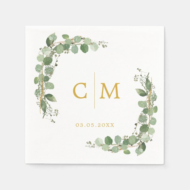 Eucalyptus Modern Calligraphy Monogram Wedding  Napkin (Front)