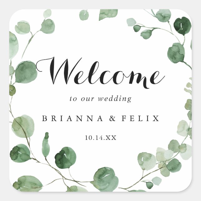 Eucalyptus Modern Calligraphy Wedding Welcome  Square Sticker (Front)