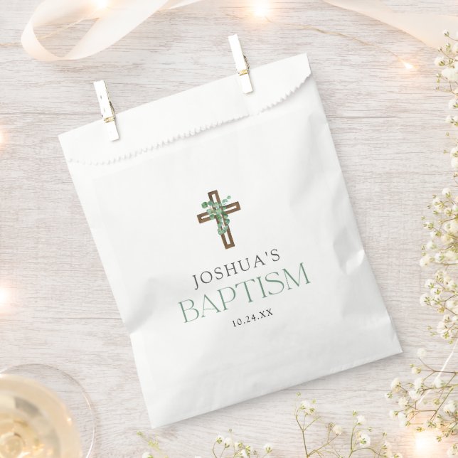 Eucalyptus Modern Cross Baptism Favours Favour Bag (Clipped)