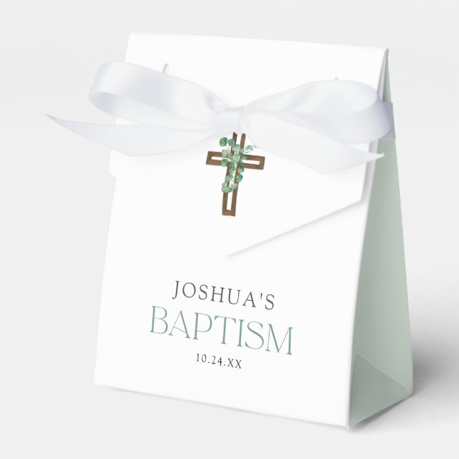Eucalyptus Modern Cross Baptism Party Favours Favor Box (Front Side)