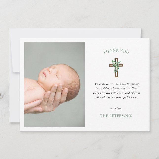 Eucalyptus Modern Cross Baptism Photo Thank You (Front)
