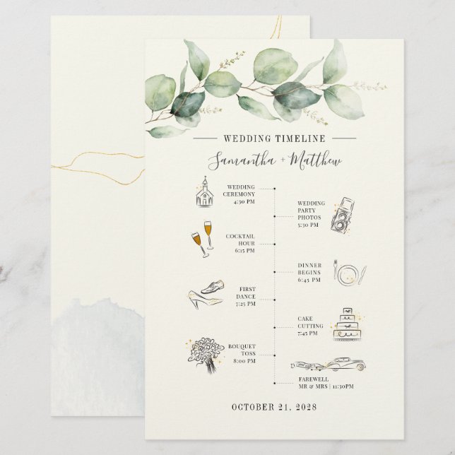 Eucalyptus Modern Icon Wedding Itinerary Program Stationery (Front/Back)