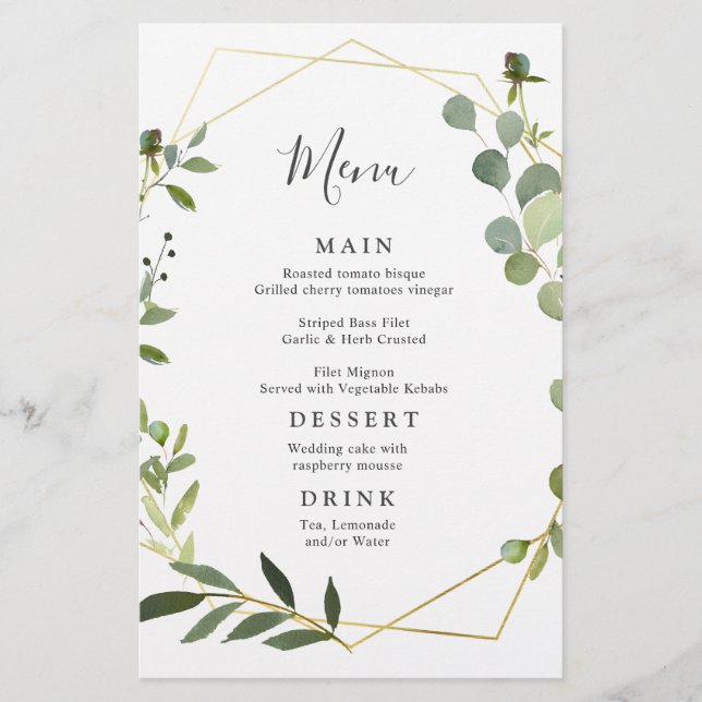 Eucalyptus moderne Aquarelle Mariage Dîner Menu (Devant)