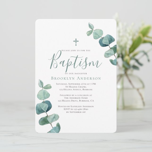 Eucalyptus Moderne Vert Baptême Invitation (Debout devant)