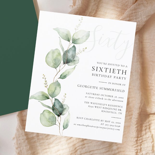 Eucalyptus Mom 60th Birthday Party Invitation (Modern Sage Green Eucalyptus 60th Birthday Party Invitation)