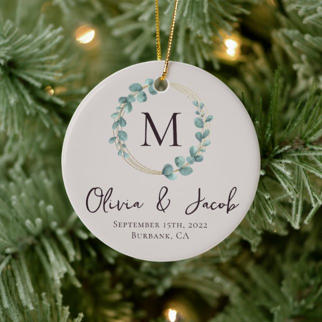 Eucalyptus Monogram First Christmas Wedding Photo Ceramic Ornament (Tree)