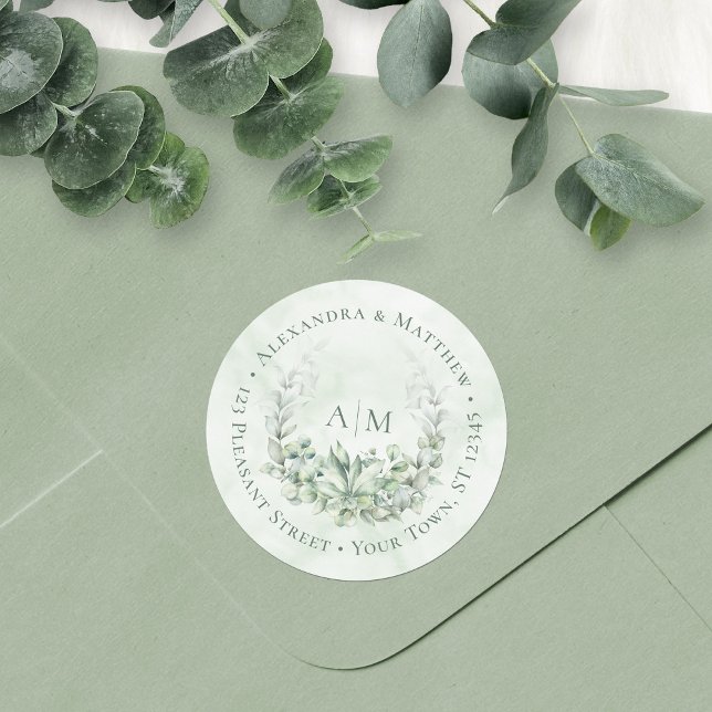 Eucalyptus Monogram Wedding Round Address Label (Creator Uploaded)