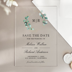 Eucalyptus Monogram Wedding Save the Date Acrylic Invitations