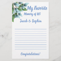 EUCALYPTUS MY MEMORY BRIDAL SHOWER GAME CARD