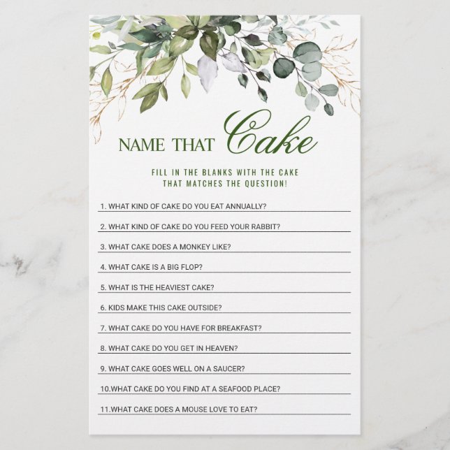 Eucalyptus Name That Cake Bridal Shower Game (Front)
