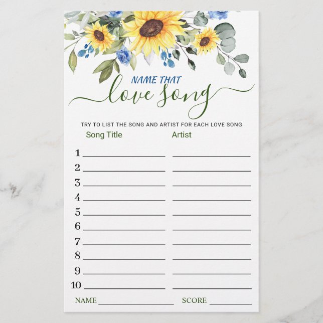 Eucalyptus Name that Love Song Bridal Shower Game (Front)
