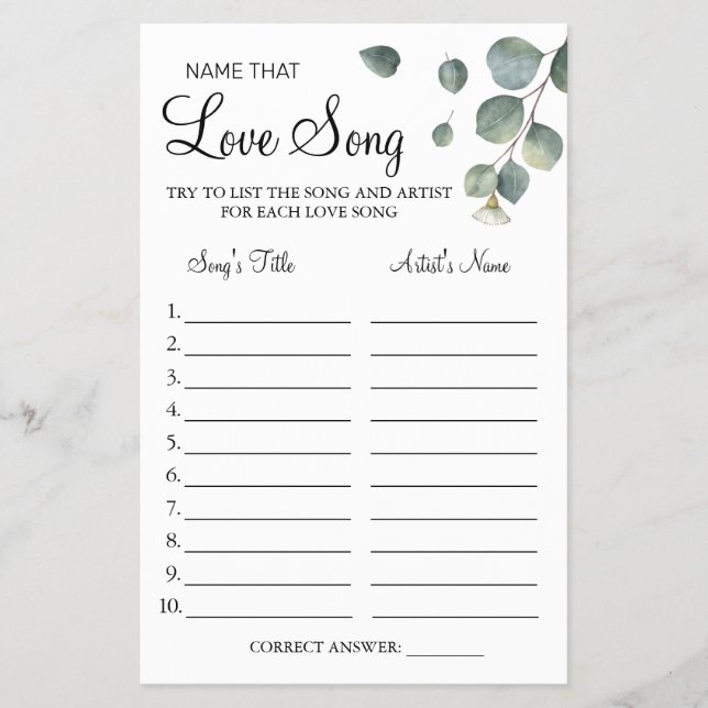 Eucalyptus Name that love song shower game card (Front)