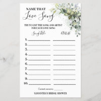 Eucalyptus Name that Love Song Shower Game Card